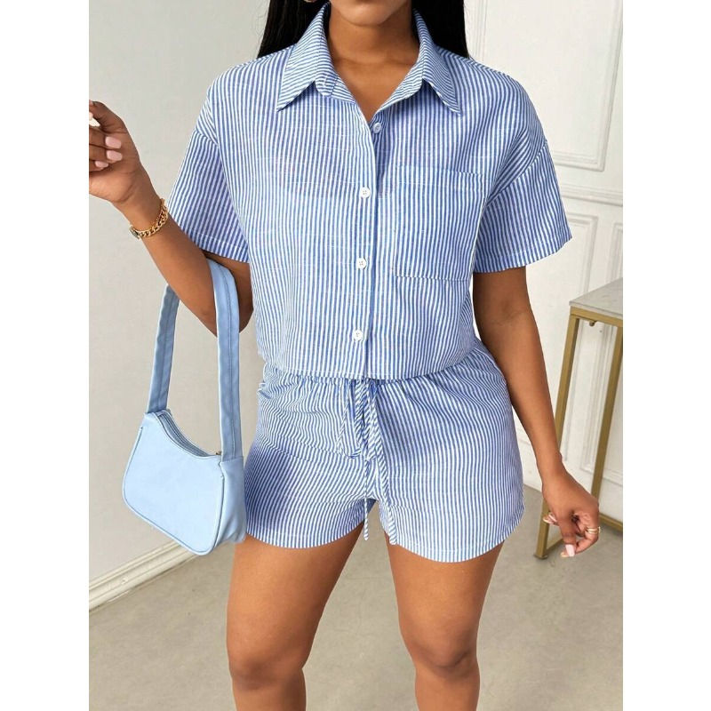 Thumbnail: New Fashion Women's Clothing Trend Lapel Casual Striped Shirt Short Sleeve Short