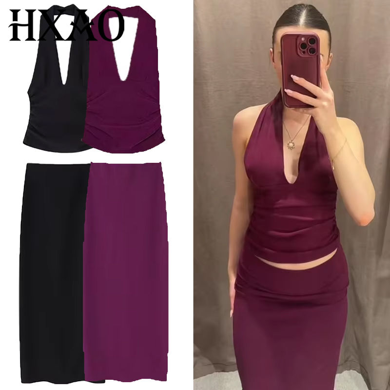 HXAO 2025 Women's Two Pieces Set Purple Black Skirt Set Ruffled Halter Neck Crop