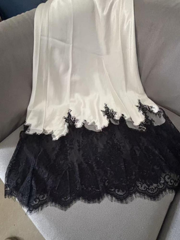 Thumbnail: Elegant Lace-Trim Satin Midi Skirt Women Summer High Wasit Wrapped Hip Slim Long