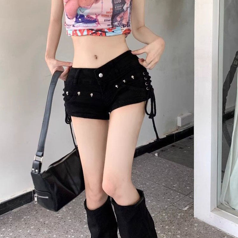 Thumbnail: Black Gothic Punk Denim Shorts for Women Creativity Lace-Up Popular Y2K Cowboy S