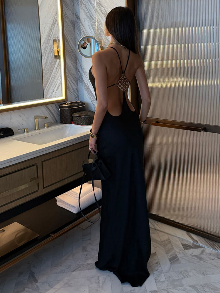 Thumbnail: Nibber Sleeveless Halter Satin Dress Women Metal Buckle Elegant Patchwork Fashio
