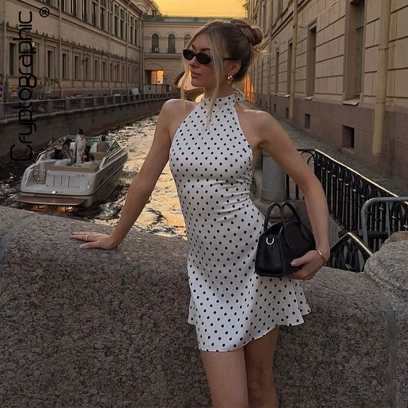 Cryptographic Halter Dot Printed Dresses For Women Fashion Sexy Streetwear Backl