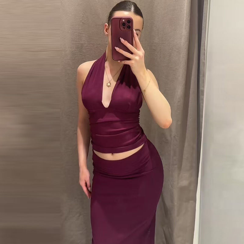 Thumbnail: HXAO 2025 Women's Two Pieces Set Purple Black Skirt Set Ruffled Halter Neck Crop