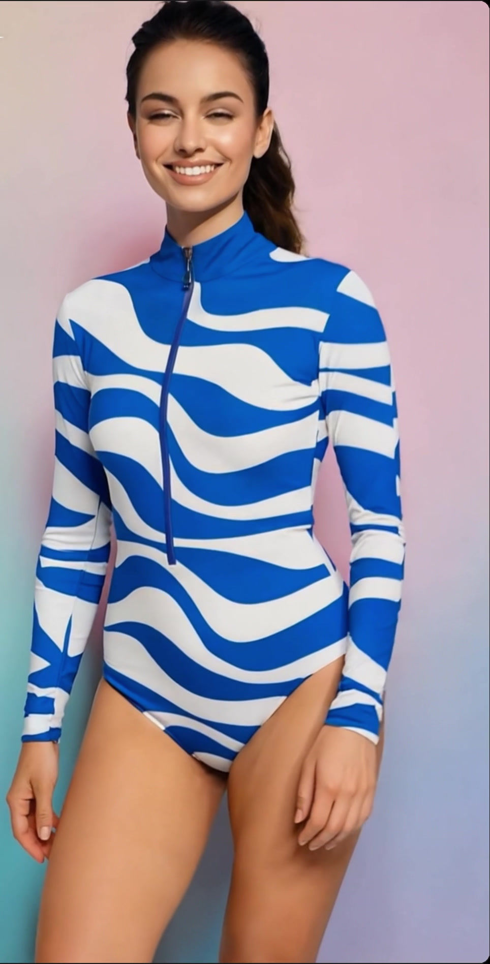 IANTHE | Long Sleeve "Rashie" Period -Surf Wear - One Piece - Blue/ White