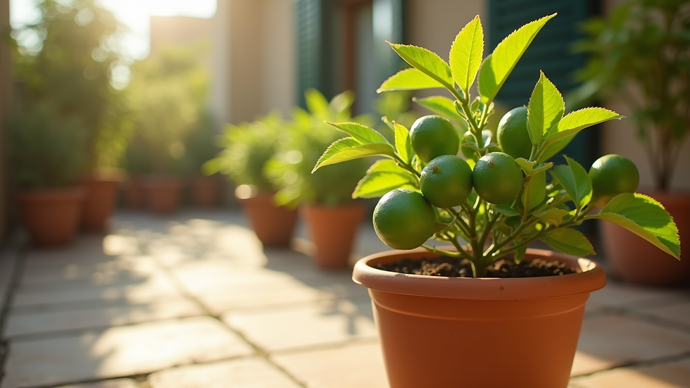 Eye-level view of a lime plant in a terracotta pot on a sunny patio