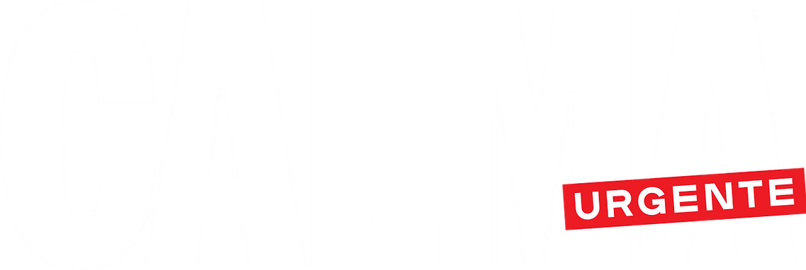 Logotipo Calma Urgente com a palavra Calma em branco grande e uma tarja vermelha à direita com a palavra urgente em branco