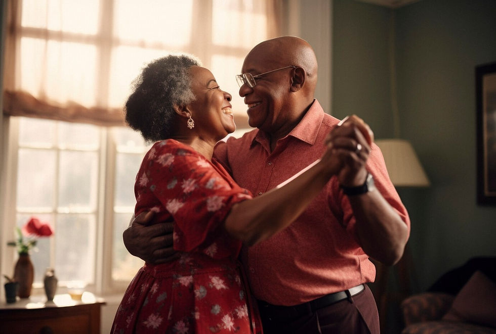 Smiling couple dancing in a living room