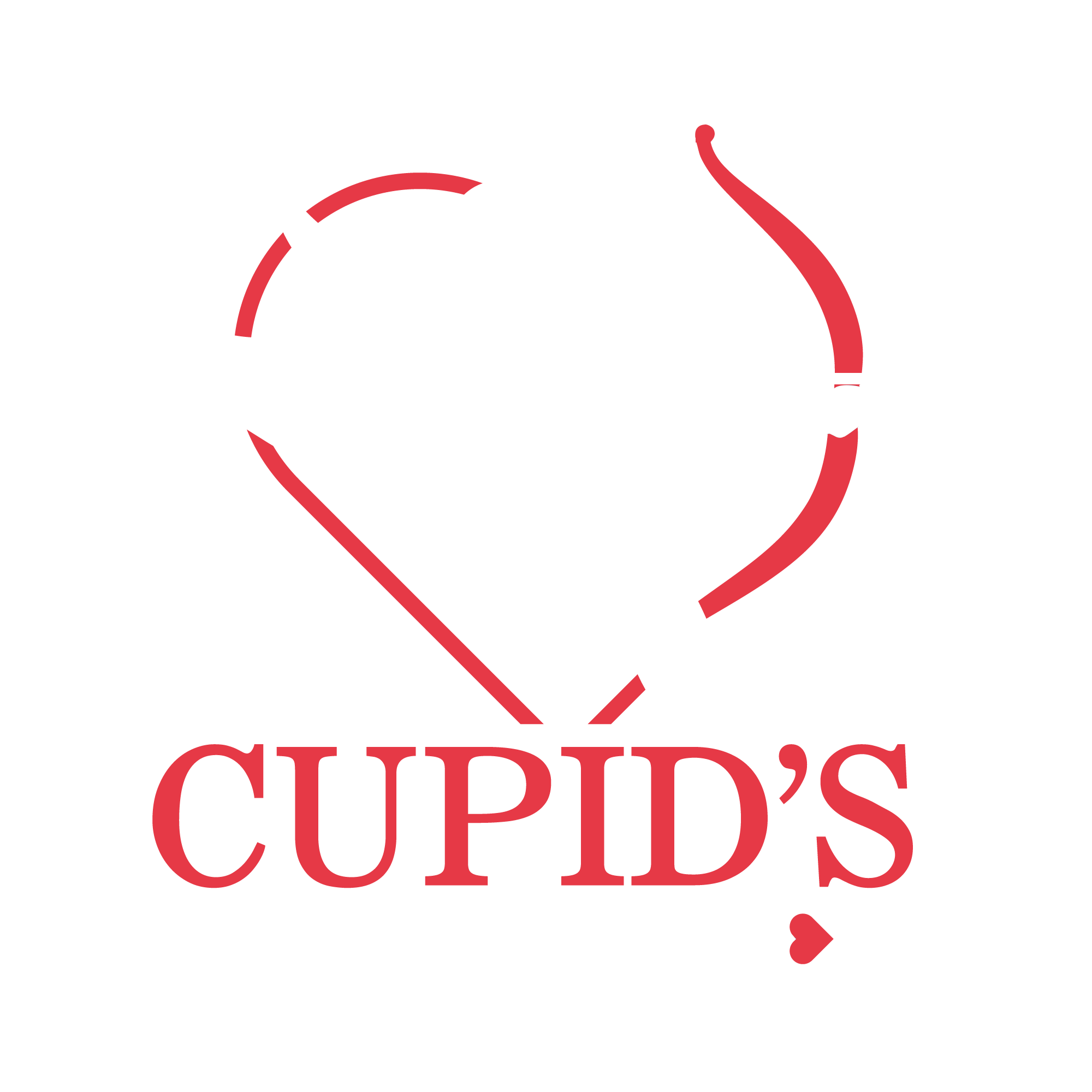 Cupid's Corner logo, white silhouette of Cupid with bow and arrow in a red heart