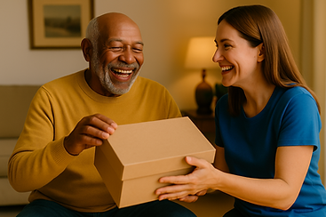 a happy senior opening a package or smiling with a volunteer.png