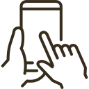 A minimalist brown icon of a hand interacting with a smartphone, symbolizing digital communication or online booking.