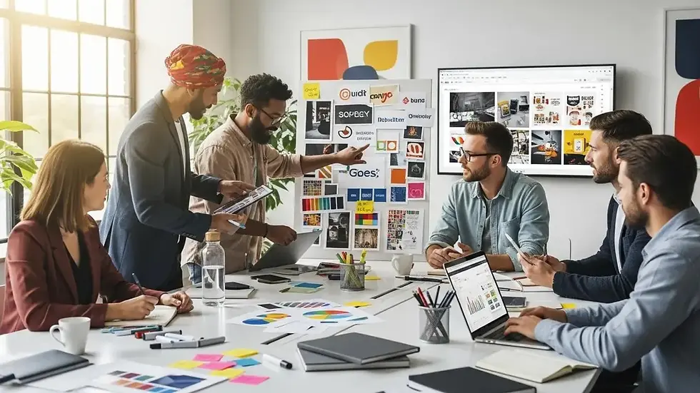 Diverse professionals collaborating on branding strategies in a modern office