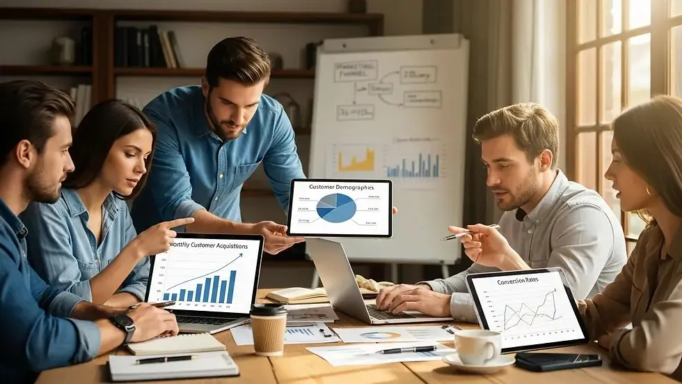 Startup team analyzing customer data on laptops and tablets in a cozy office environment