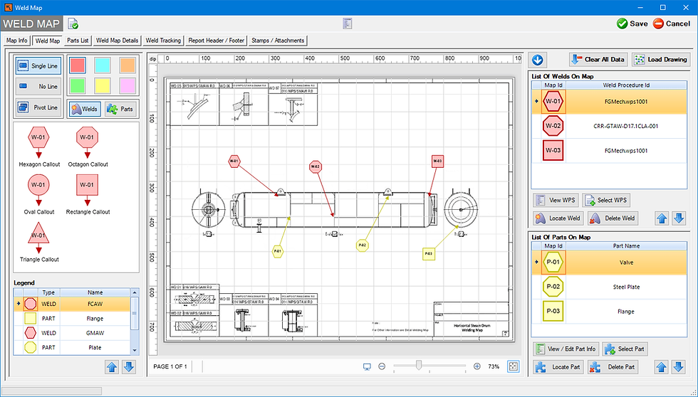 Welding management system screen with project details and workflow overview