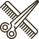 Gold icon featuring scissors and a comb, symbolizing hairstyling, haircuts, and professional salon services.