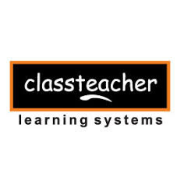 ClassTeacher logo with orange border, learning systems text, black background.