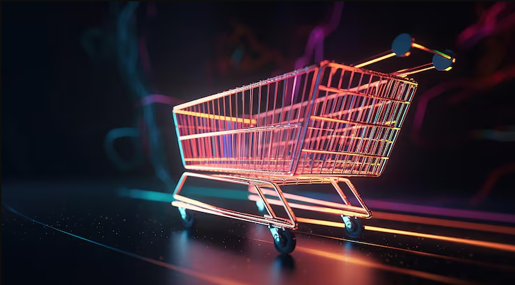 Glowing shopping cart rendered, eCommerce concept, on a dark background.