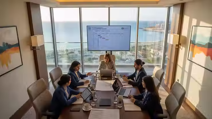 Corporate business meeting in a modern Albania conference room with professionals collaborating around a table, presentation screen, and panoramic sea views.