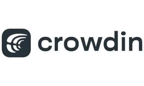 Crowdin logo with text on white background, software localization management platform.