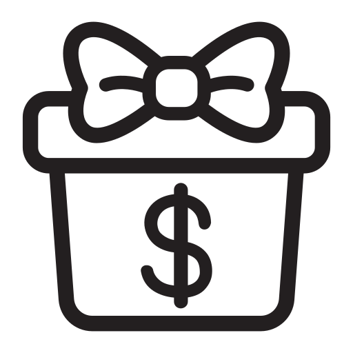 A minimalist black icon of a gift with a bow and a dollar sign on it.