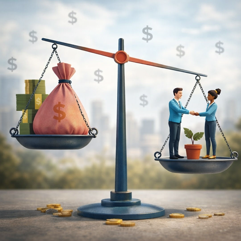 Balance scale with money bag, handshake, and plant representing investment success.