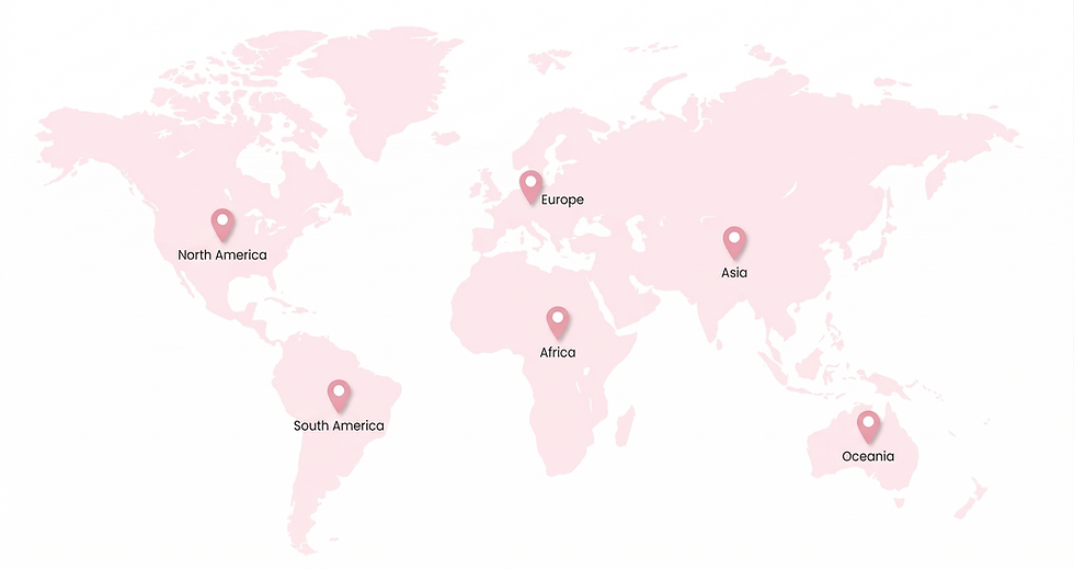 Global map with labeled continents indicating international market reach