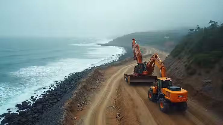 Coastal construction site with machinery