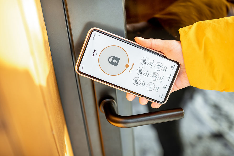 Person using smartphone app to unlock door: HOME, Secure