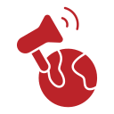Red megaphone icon, announcing information to the public in a circle shape