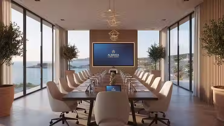 Eye-level view of a modern conference room set up for a corporate event