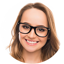 Smiling female client with glasses, showcasing positive customer feedback.