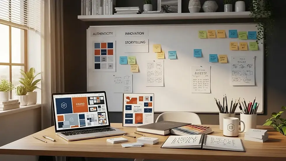 Workspace with branding elements like logos and color palettes emphasizing brand foundations