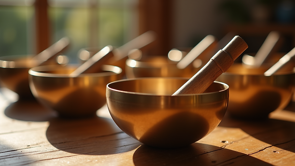 Close-up view of crystal singing bowls arranged for sound therapy session