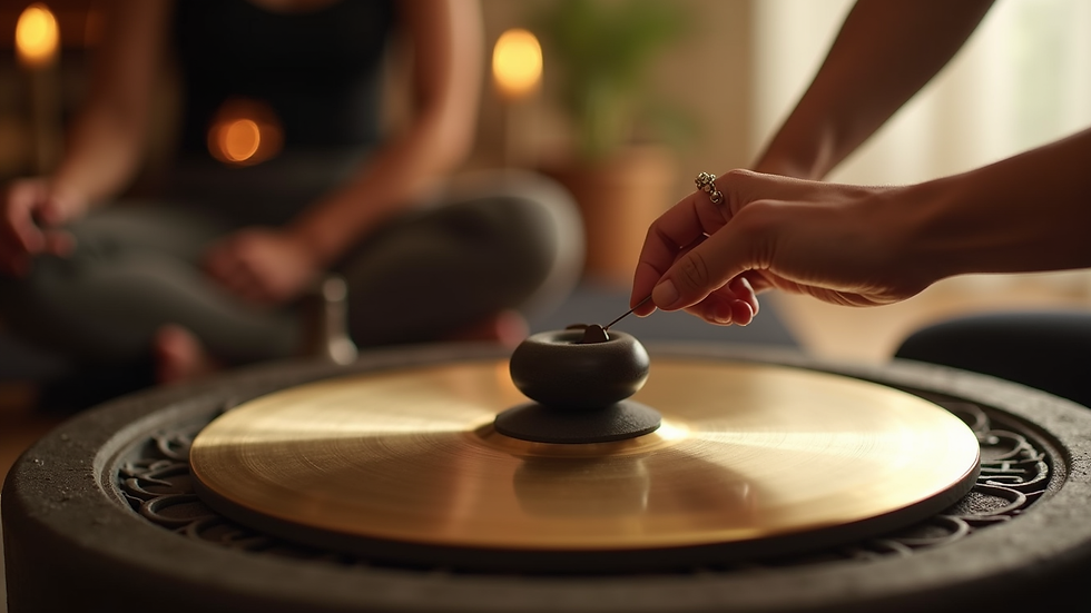 Close-up view of a gong being gently struck during a sound healing session