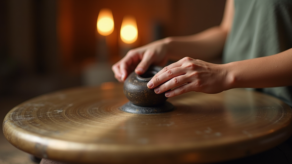 Close-up view of a gong being played in a sound healing session