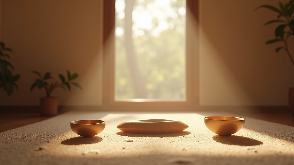 Eye-level view of a peaceful meditation space with sound healing instruments
