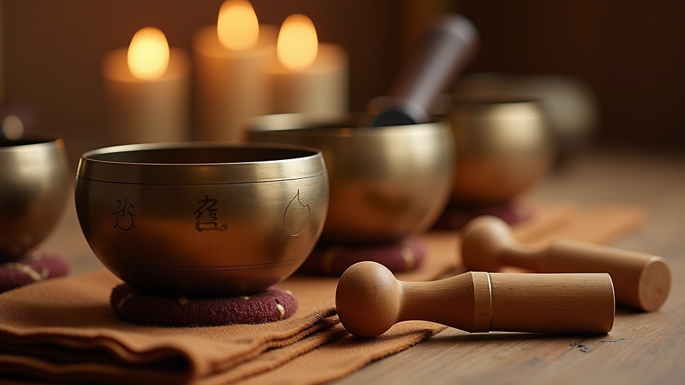 Eye-level view of Tibetan singing bowls and mallets arranged for a healing sound session