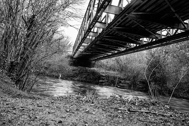 A black and white image of the underside of an iron bridge crossing a small river. The bridge comes from the top right of the image and ends in the middle of the image. The rest of the image is of foliage and bushes surrounding the bridge and the river bank. The picture is tilted so that the horizon line bends down to the right.
