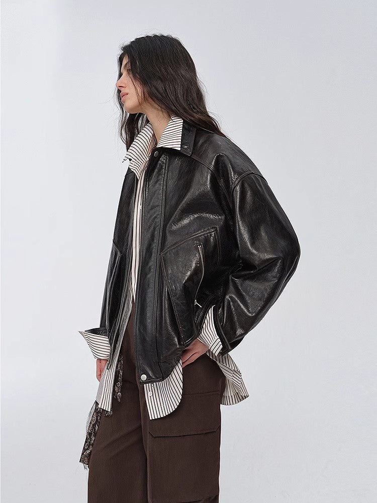 Thumbnail: "New York International Student" Waxed  Leather Bomber Jacket MUPAE.COM