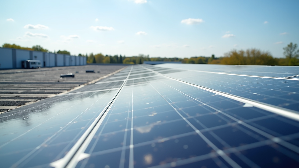 High angle view of solar panels on a warehouse roof with clear sky