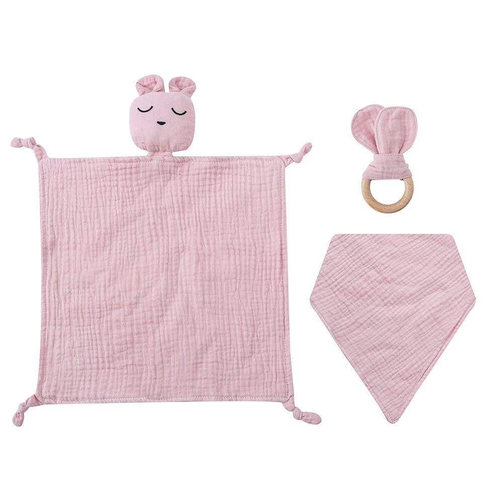 Muslin Lovey Comforter, Bandana Bib & Wooden Teether