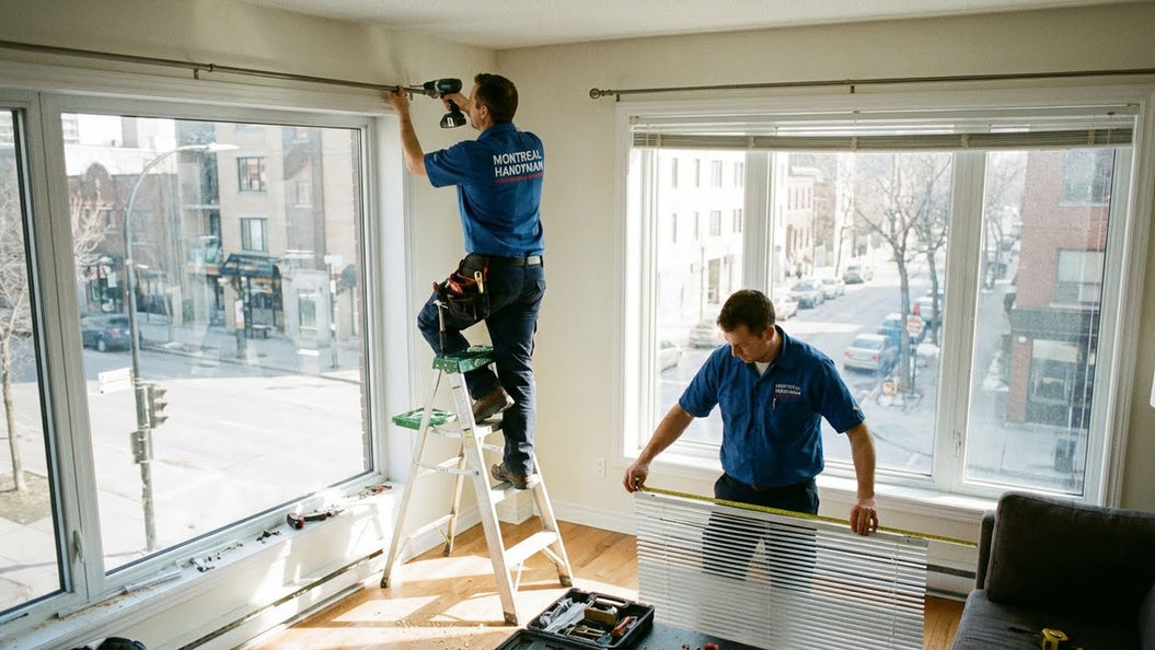 Un homme à tout faire installe des tringles à rideaux et des stores à l'intérieur d'une maison