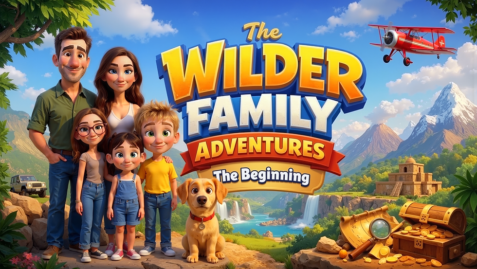 The Wilder family and their dog beside mountains, a waterfall, and the title The Wilder Family Adventures: The Beginning