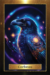 corbeau noir décoré de motifs amérindiens dans un univers étoilé