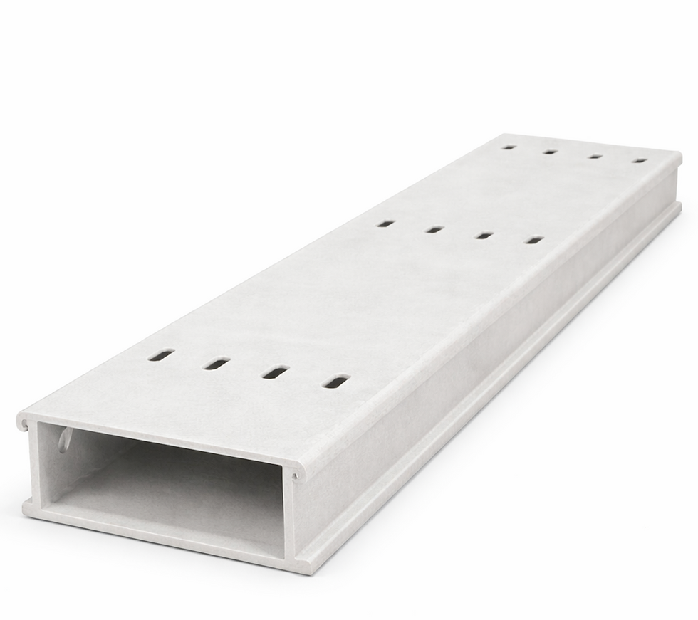White rectangular plastic channel or duct with small slots, shown on a plain white background.
