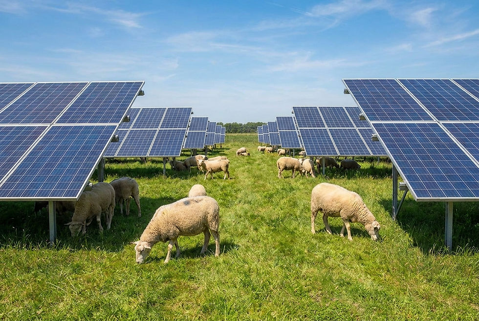 Sheep graze beneath rows of solar panels in a sunny green field under a blue sky.