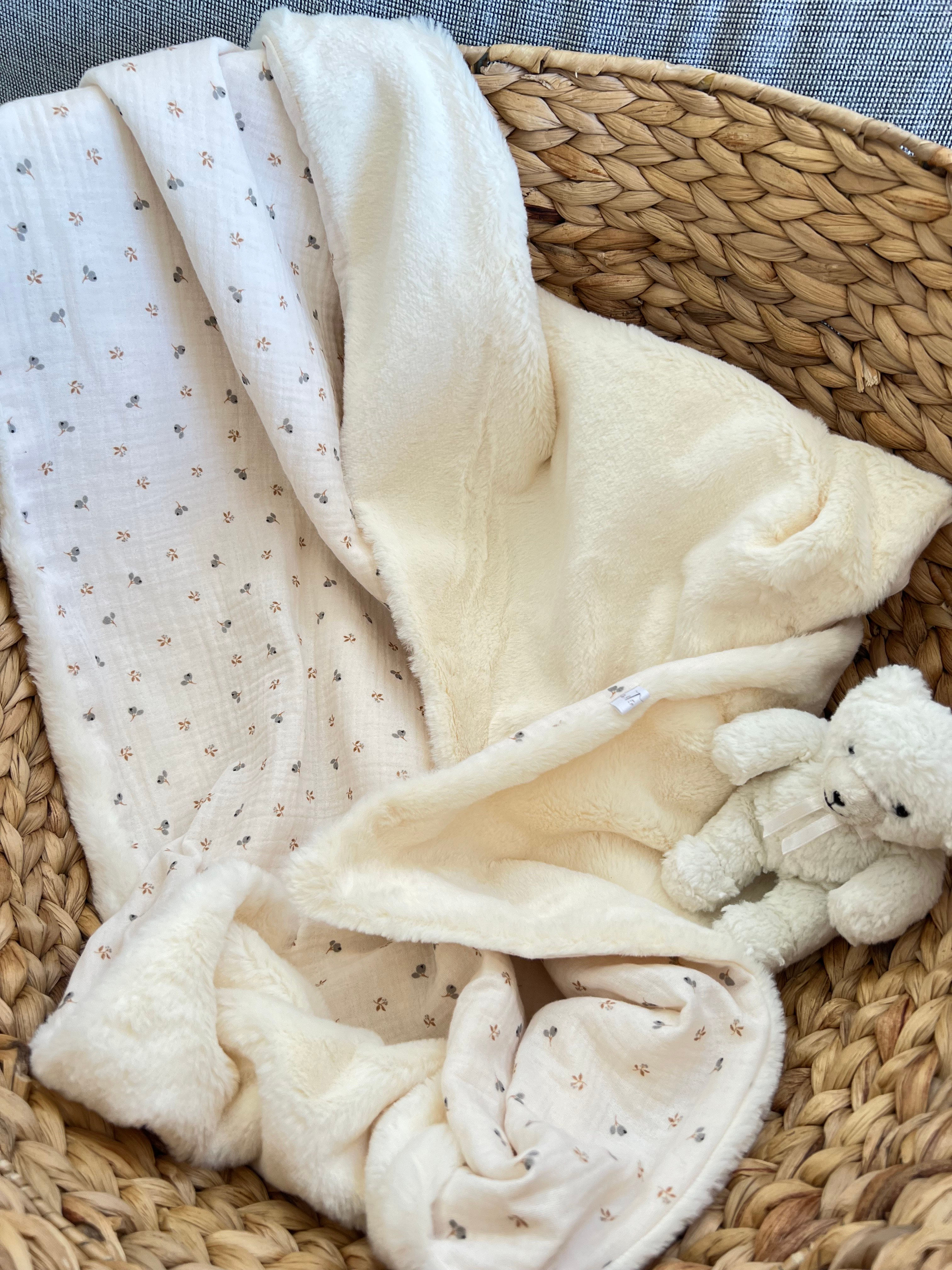 Couverture bébé double gaze fausse fourrure, sherpa ou minky