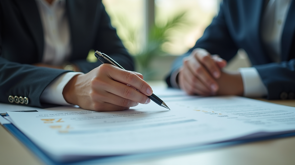 Close-up view of a consultant explaining immigration forms to a client