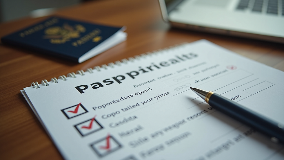 High angle view of a checklist and passport on a table