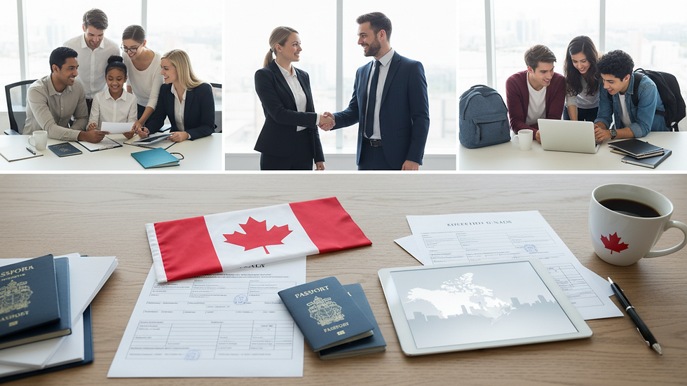 High angle view of a Canadian flag and immigration documents on a table