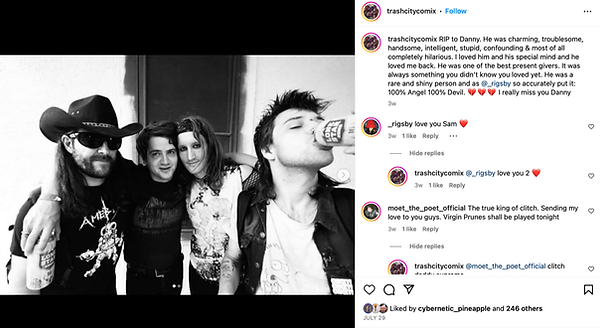 A black and white image of four young white males including Danny Gallegos drinking a beer from a can